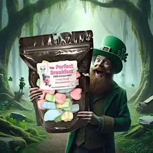 A leprechaun holding a bag of freeze dried shaped marshmallows