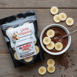 little dippers - freeze dried banana slices with chocolate/hazelnut dipping cream