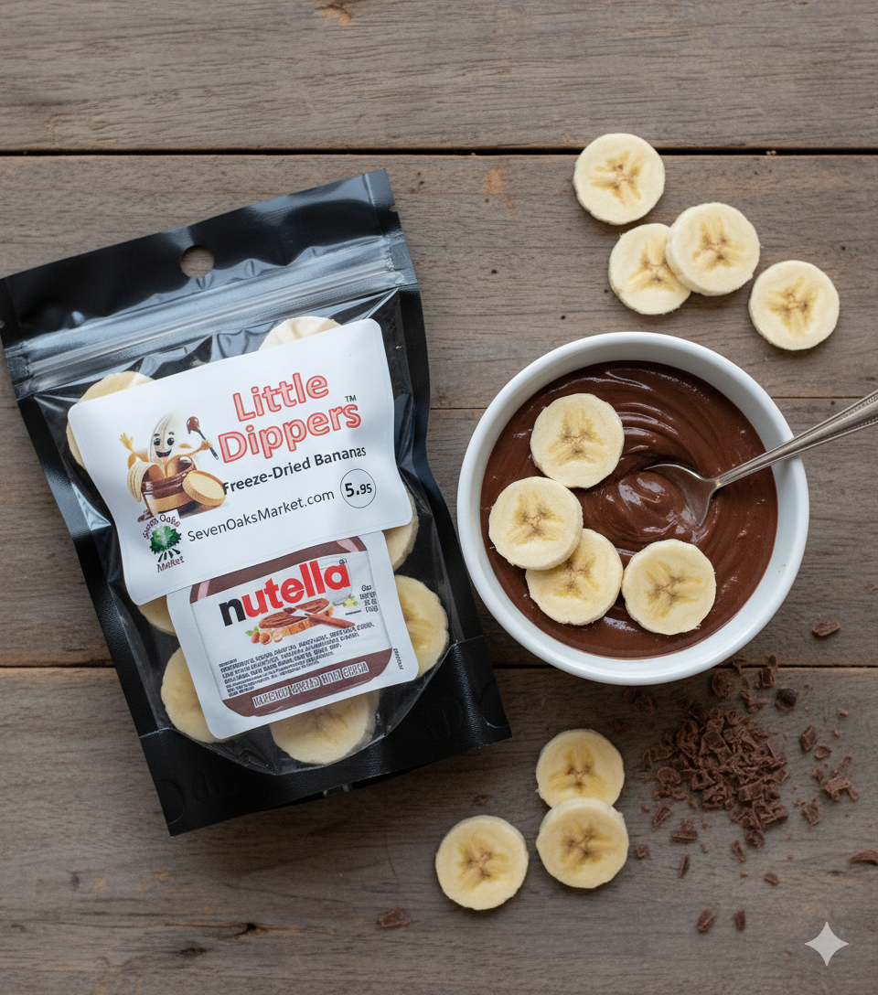 little dippers - freeze dried banana slices with chocolate/hazelnut dipping cream